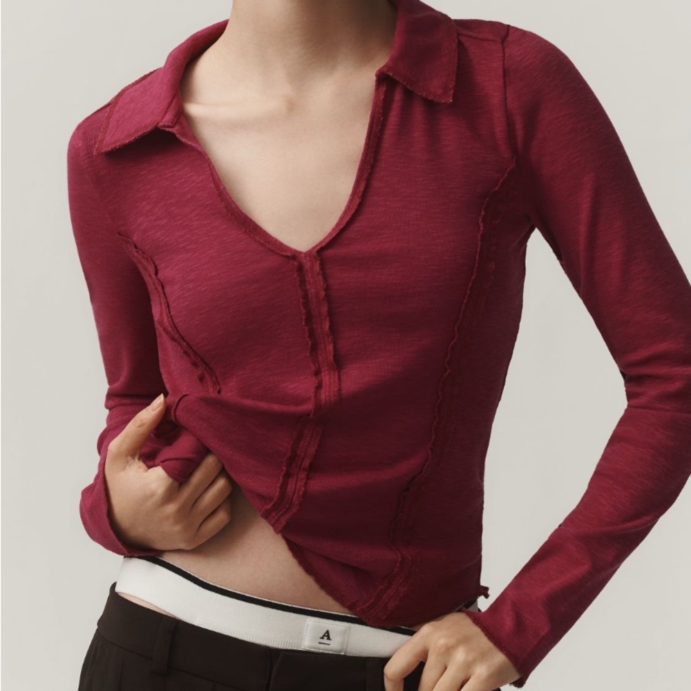 Pilcro Raspberry Stitched Long Sleeve Top